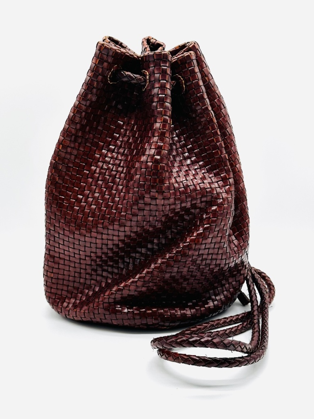 VTG DESMO Italy Woven Leather Backpack Brown Intrecciato Bucket Bag Boho